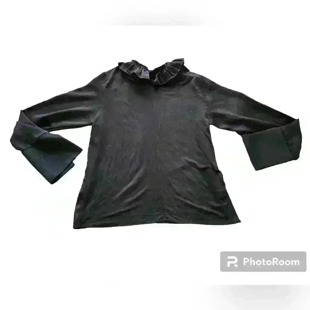 ZARA W&B COLLECTION Ruffle Collar Black Long Sleeve Top Womens L - Picture 3 of 3